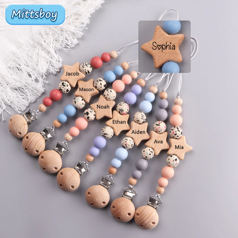 Baby Pacifier Clip - Baru kustom nama Kayu dipersonalisasi dot
